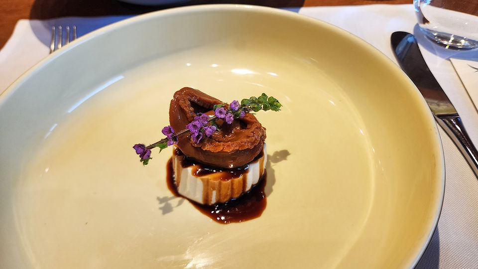 Marinated abalone, tofu and brown sauce.